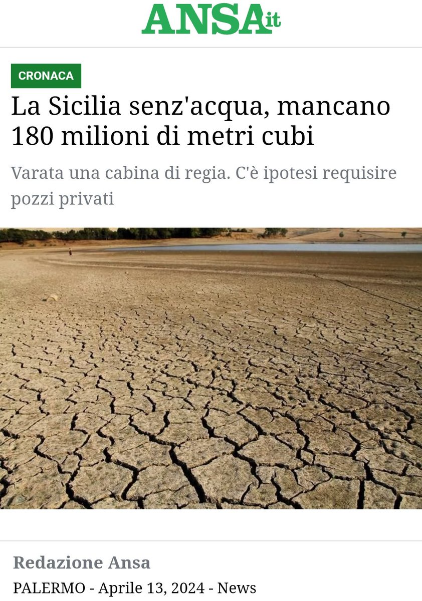 Oggi voglio fare i complimenti a tutti i Siciliani che hanno votato Salvini e Meloni. Ad Aprile sono già con l'acqua razionata, mentre si spendono 11 miliardi di euro per un Ponte inutile. Complimenti 👍 Bravi 👍 Adesso lavatevi a secco 🤣