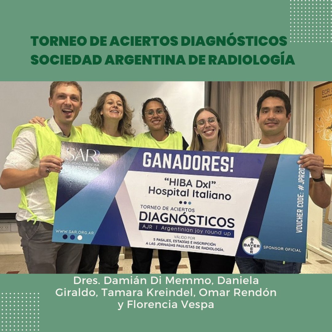 🏆 ¡Felicitaciones a los ganadores del Torneo de Aciertos Diagnósticos! 👏Un reconocimiento especial a los Dres. Damián Di Memmo, Daniela Giraldo, Tamara Kreindel, Omar Rendón y Florencia Vespa, quienes demostraron su gran capacidad y conocimiento en el torneo de @SocArgRad