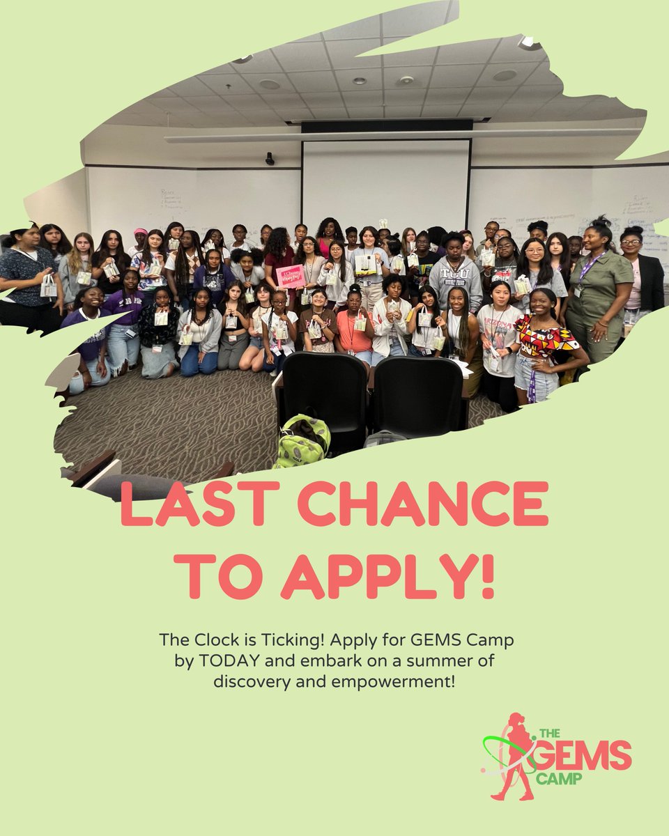 Last Chance to Apply! Only a few hours left to secure your spot at GEMS Camp 2024! Apply TODAY! thegemscamp.org/apply

#datascience #summercamps #summercamp #stemsummercamp #stemcamps #texaswomen #stem #stemeducation #minorityinstem #girlsinstem #stemforkids #womeninstem