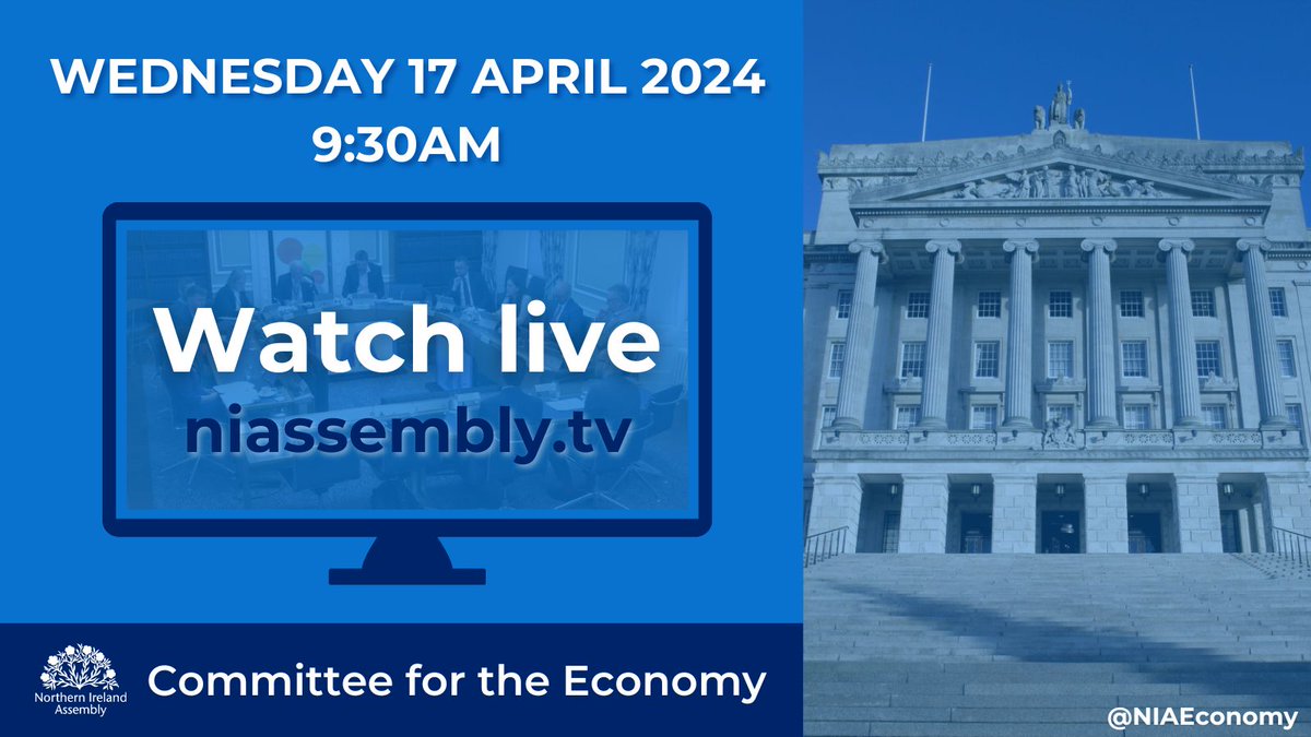 The next meeting of the Committee for the Economy will take place on Wednesday 17 April 2024 at 9:30am in Room 30, Parliament Buildings. 📑Agenda - aims.niassembly.gov.uk/committees/mee… 📺Watch live - niassembly.tv