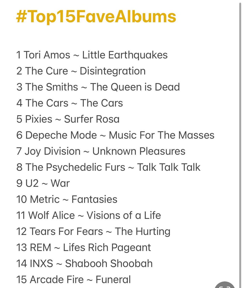 #Top15FaveAlbums Here you go, @girlshirl1 …. My 15 are ranked.