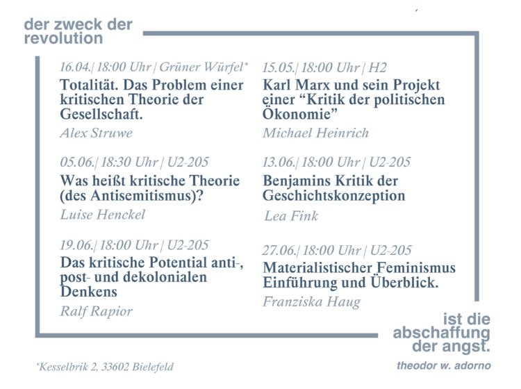 Morgen spreche ich zum Auftakt des tollen Programms der „Kritischen Einführungstage“ in Bielefeld zu DEM Problem einer kritischen Theorie der Gesellschaft. Wer Lust hat, kommt vorbei (und beachtet den streikbedingt geänderten Veranstaltungsort..)