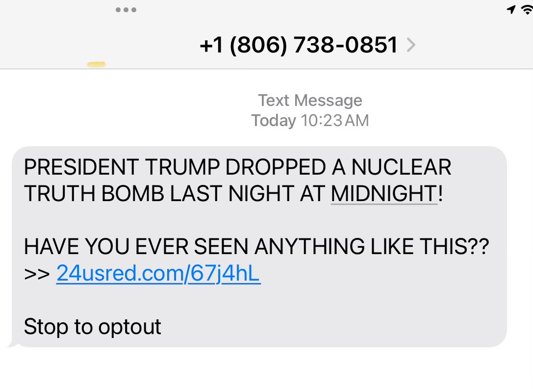 MMAckerman's tweet photo. Just got this text message.  For those of us who don’t want Trump anywhere near the nuclear button, this is not as reassuring as his team meant it to be.  #trump #nuclear #NeverTrump https://t.co/DBWPLgTpuu