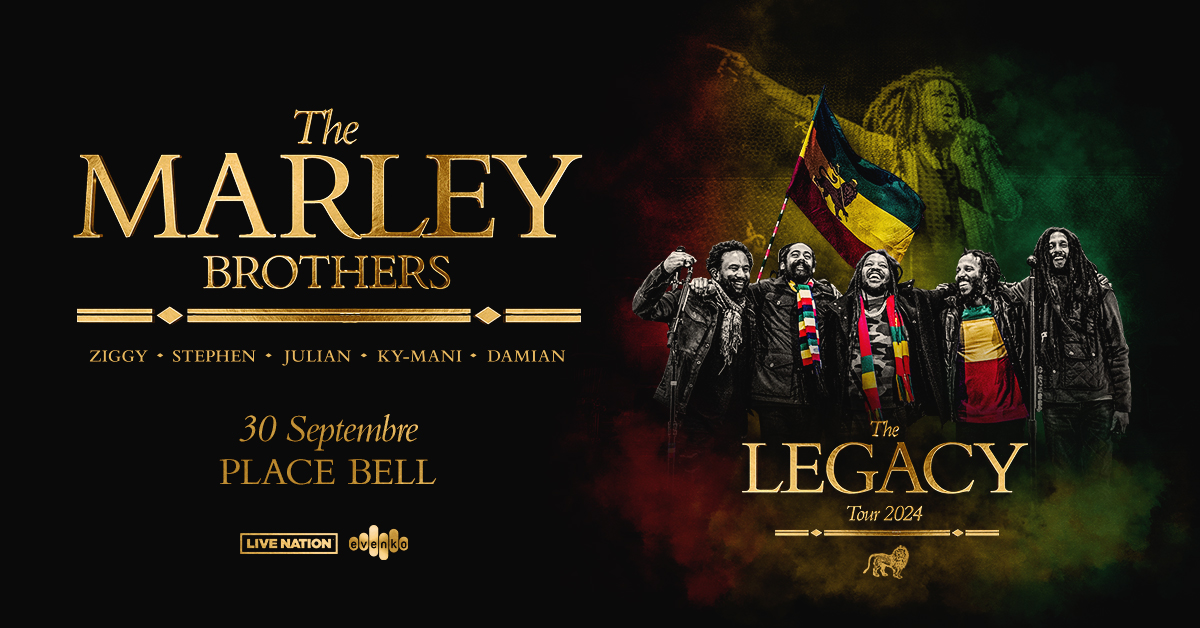 TOUT JUSTE ANNONCÉ 🎉 Les Marley Brothers viennent à la Place Bell le 30 septembre pour la tournée Legacy ! Rejoignez Ziggy, Stephen, Julian, Ky-Mani et Damian pour une soirée inoubliable ! Billets en vente ce vendredi 19 avril à 10h. ❤️💛💚 - JUST ANNOUNCED! 🎉 The Marley…