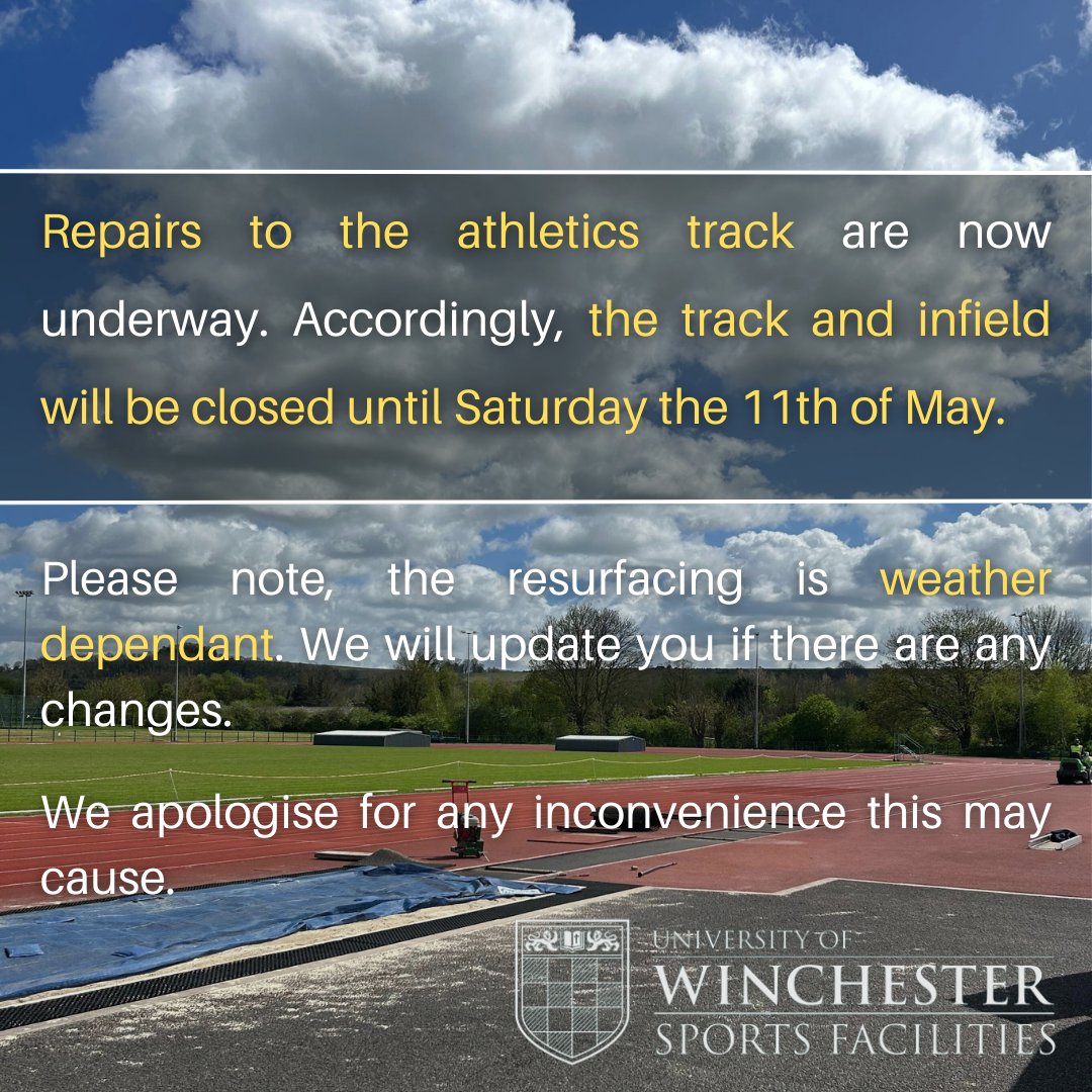 Please note, repairs are underway at our athletics track. Unfortunately, this means that the track and infield will be closed until Saturday the 11th of May.

We will update you if there are any changes to this timeframe.

We apologise for any inconvenience this may cause.