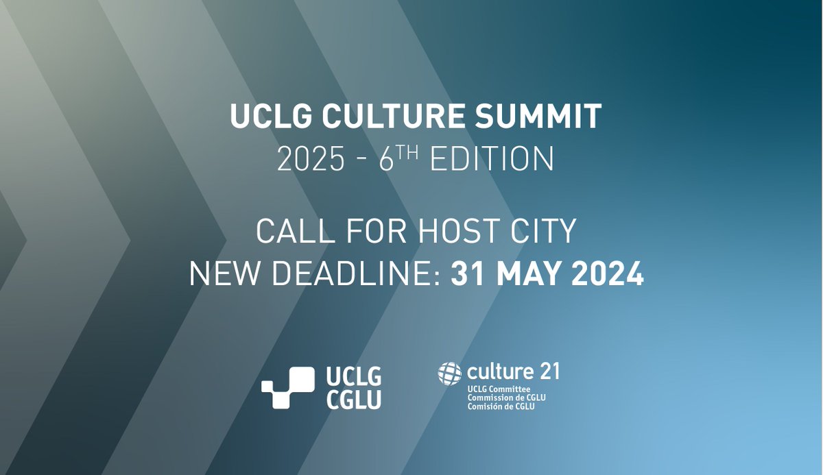 📢New deadline for the call for cities to host the #UCLGCultureSummit in 2025🔵 ✨ Don’t miss the opportunity! Before 31 May 2024 👉agenda21culture.net/news/call-host…