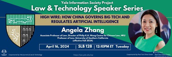 Tomorrow we'll be joined by Professor @AngelaZhangHK (@HKUniversity) for a talk on 'High Wire: How China Governs Big Tech and Regulates Artificial Intelligence'! Tuesday, April 16 at 12:10pm ET DM for zoom details