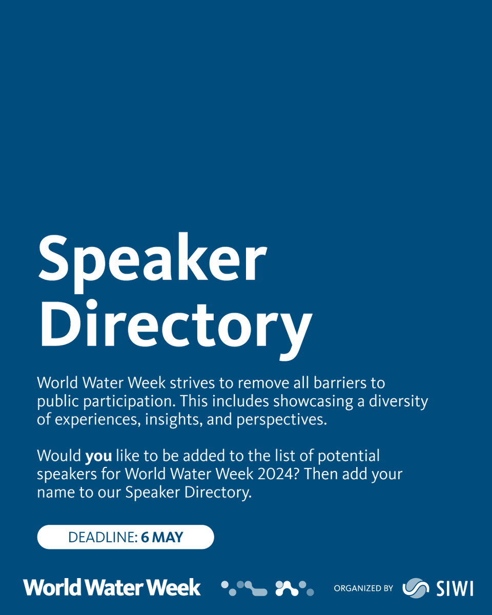 Do you have experience in a water-related field? Would you like to be added to the list of potential speakers for #WorldWaterWeek 2024? Then add your name to our #SpeakerDirectory 📖 Your voice is needed ↪️ bit.ly/4cltIZI