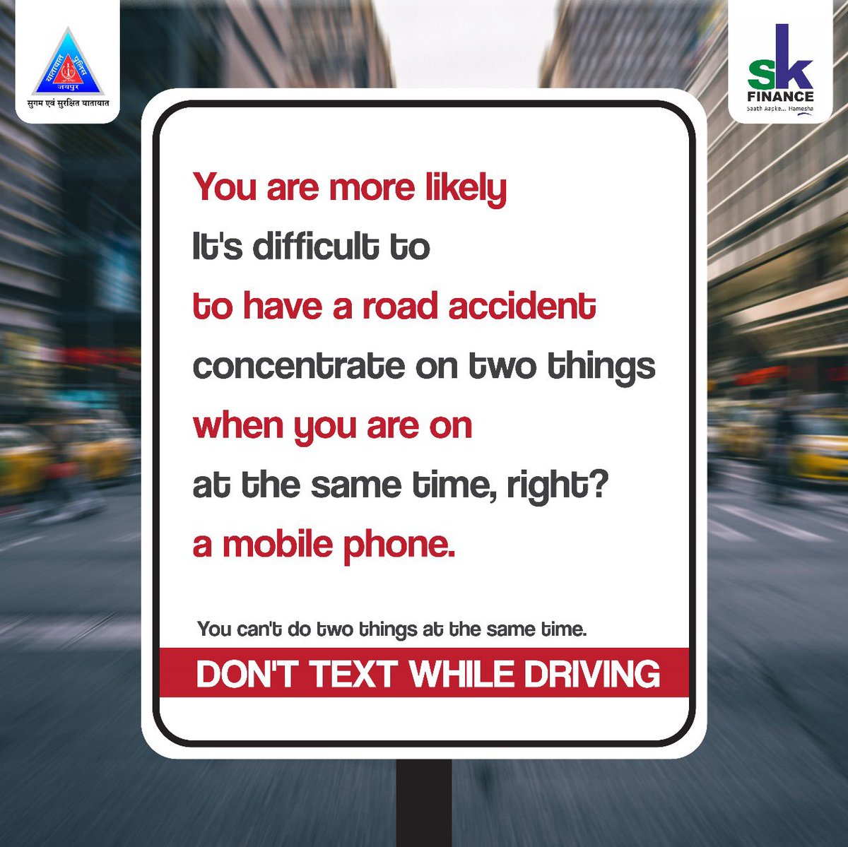 Split attention leads to split-second tragedies. Drive distraction-free.

Put the phone down while driving. 📵

#BeResponsible #DontTextWhileDriving #JaipurTrafficPolice #DriveSafely #SafetyFirst #FollowTrafficRules