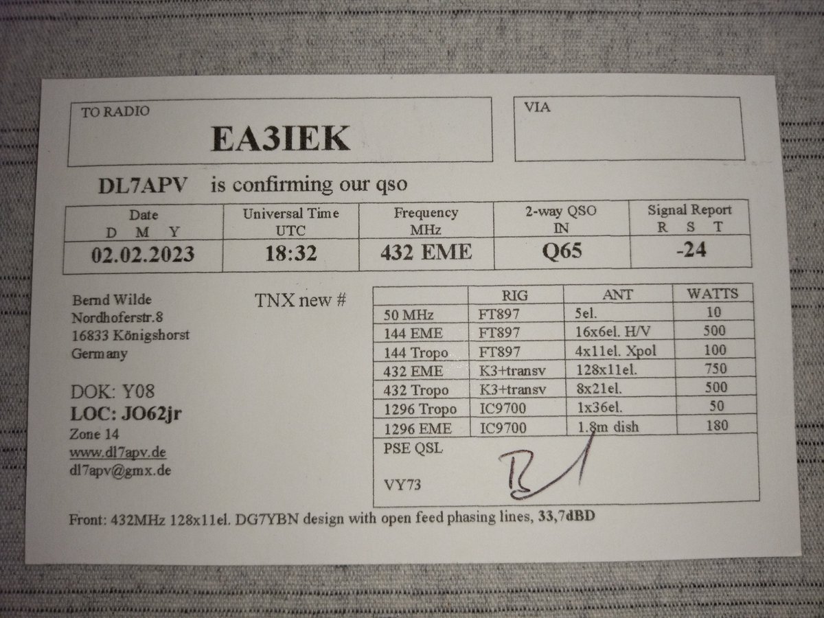 Sad news😣 DL7APV, who I achieved my only two #EME QSOs with, and whose QSL card I still had to reply, became SK yesterday😭 RIP Bernd... Thanks a lot for your impressive array, and for allowing us to see the Moon in a new way!!😭😭
x.com/EA3IEK_4998URE…
x.com/EA3IEK_4998URE…