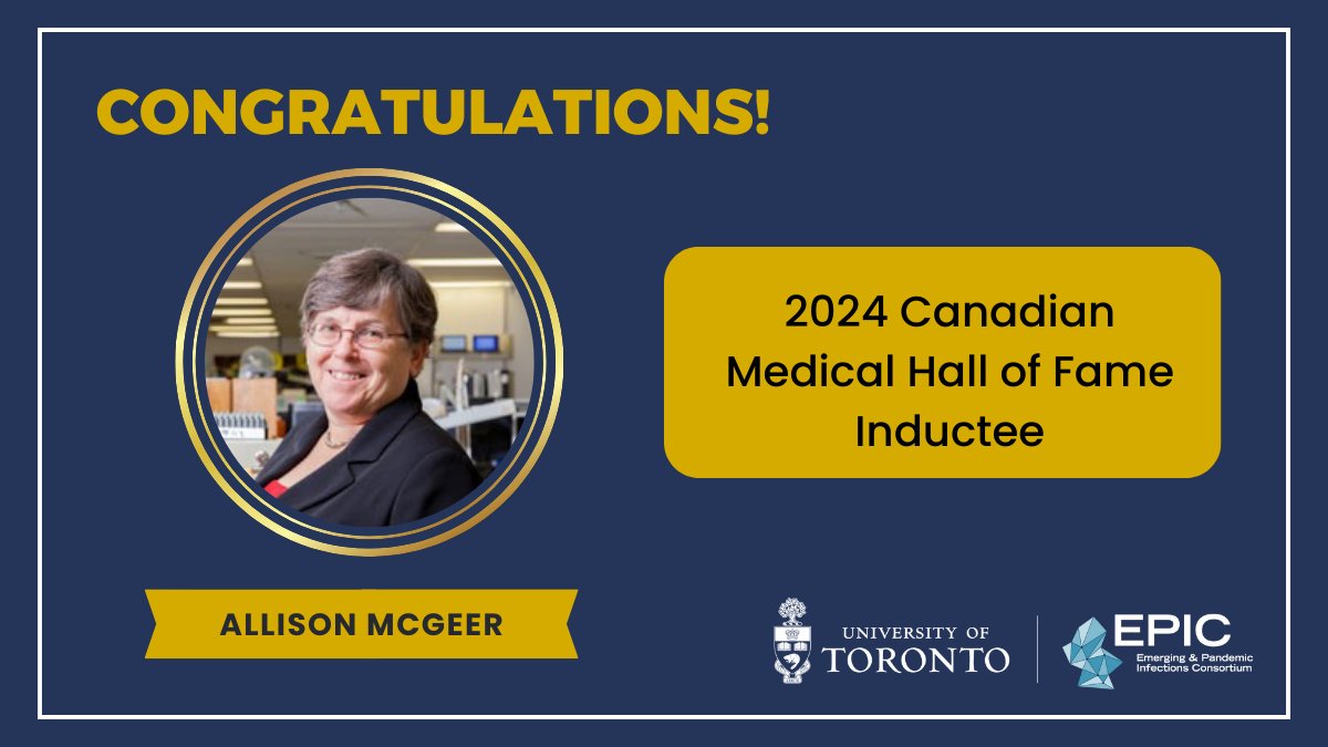 Congratulations to #UofTEPIC member Allison McGeer, who was inducted into the @CdnMedHallFame this past Saturday! A guiding force in Canadian & global public health & infectious disease, Allison's expertise was key to several large-scale efforts to combat emerging infections.