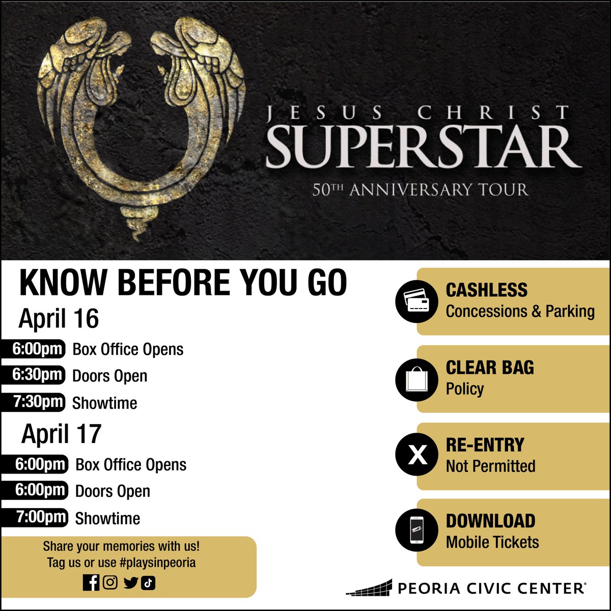 KNOW BEFORE YOU GO Jesus Christ Superstar will be in the Peoria Civic Center Theater on Tuesday & Wednesday! Here are some important reminders before you go to the show. More details at bit.ly/PCCKnowBeforeY…