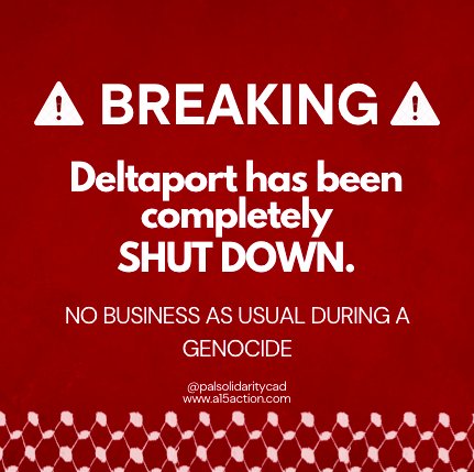 ⚠️ Breaking: Port of Delta blockade up! 

We join the #A15ForPalestine global movement in blocking the arteries of capitalism & are completely blockading Delta Port to refuse business as usual. We demand immediate two-way arms embargo on Israel. Canada must stop arming genocide!