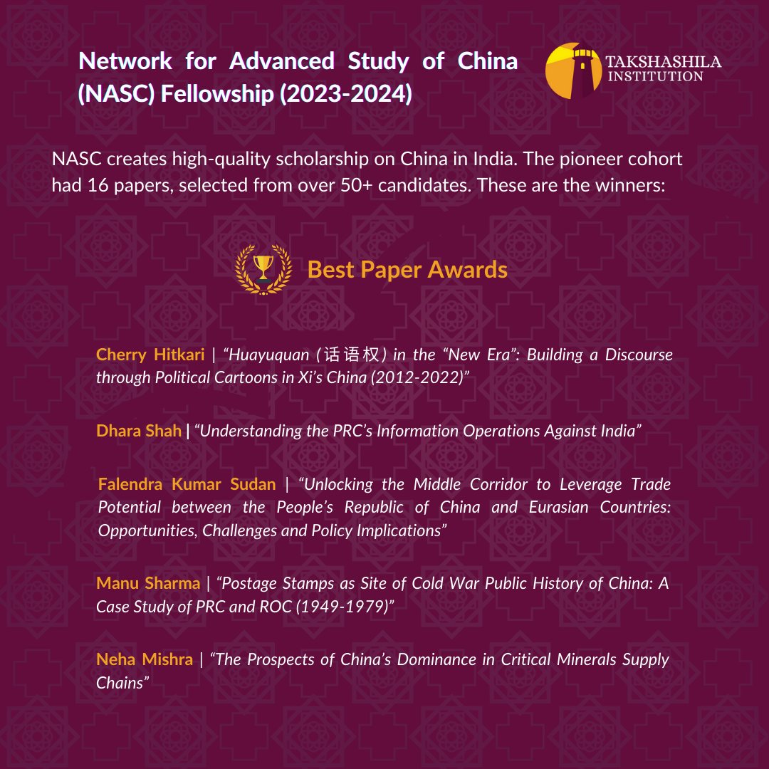 🏆Fellowship Awardees Announcing the top 5 best research paper awardees for the pioneer cohort of the Network for Advanced Study of China (NASC) Fellowship! Congratulations to the awardees 👏 🧵 A thread of the winning papers of the Fellowship, along with its authors #NASC