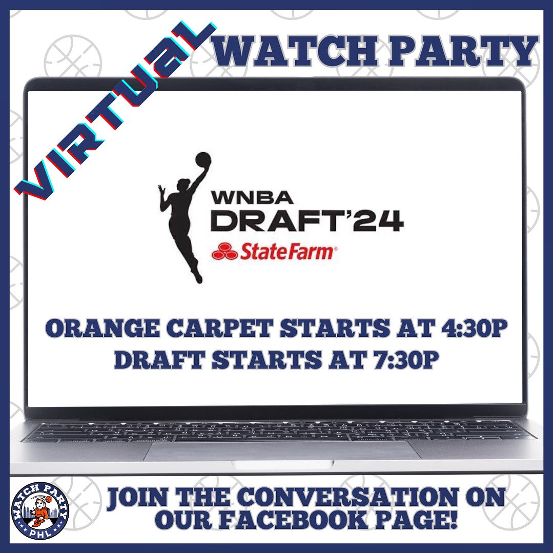 Join us on our FB page as we bring together Philly’s community online to watch all the excitement of the 2024 WNBA Draft! Since we don’t want to miss all of the 🔥of the orange carpet we will be jumping on at 4:30p & monitoring throughout the entire draft. Follow: Watch Party PHL