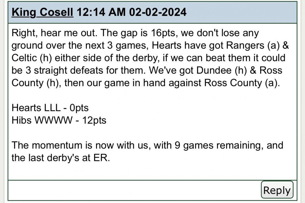 Here me out. As of 15/04/2024 Hearts - 20pts Hibs - 12 Happy Monday folks