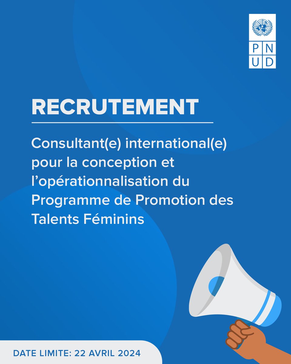 Le PNUD Mali recrute un(e) consultant (e) international (e) pour la conception et l’opérationnalisation du Programme de Promotion des Talents Féminins. Postulez ici 👉: procurement-notices.undp.org/view_negotiati…