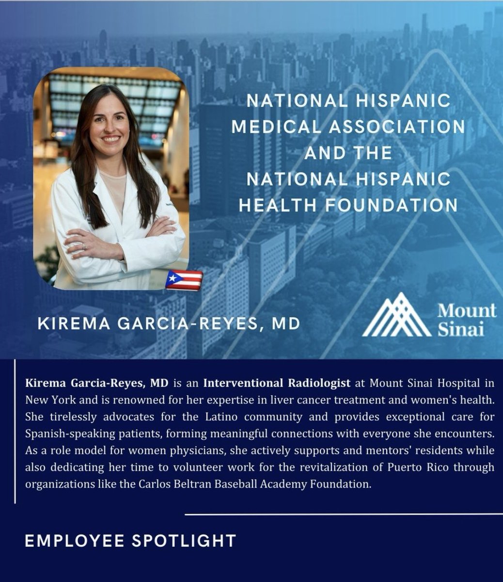 Congratulations @kiremagarciamd on a highly deserving recognition as a leader and mentor within the Hispanic community in joining the “Top 40 Under List” @The_NHHF @NHMAmd @MountSinaiIR @womenirads @MountSinaiNYC @IcahnMountSinai