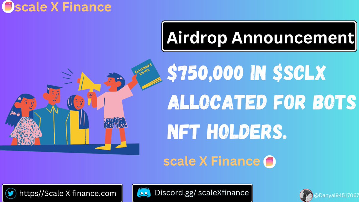 @ScalexFinance announces an NFT Airdrop for BOTS NFT holders,with $750,000 $SCLX up for grabs. 

Holders can expect around 207 $SCLX per NFT, capped at 40,000 $SCLX per wallet. Remember, keep your NFTs for eligibility. Don't miss out on this opportunity!

🚀💪 #SCLX #NFTAirdrop