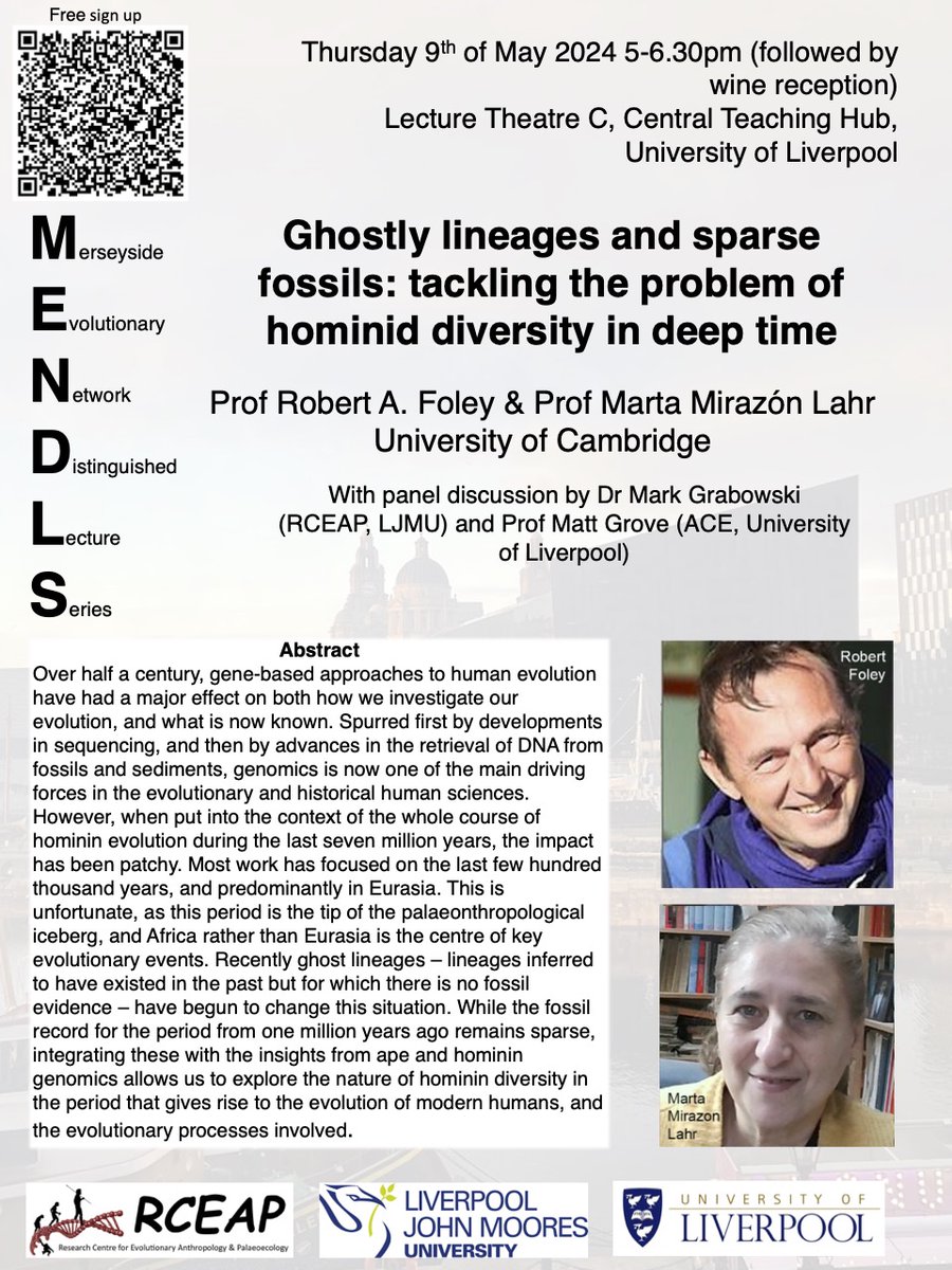 Very excited to announce the inaugural lecture of MENDLS, our new collaborative series of in-person talks with @RCEAP_LJMU 💀🧬🐒🪨 Rob Foley and Marta Mirazon Lahr @MartMLahr @CamBioAnth @UCamArchaeology will be joining us at @LivAncWorlds on Thursday 9th of May 5-6.30pm!