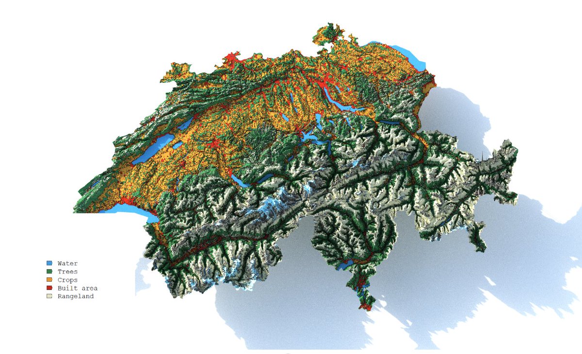 Ready to explore Switzerland like never before? 👀 👇 Check out the incredible detail of 10m ESRI #Sentinel2 #LandCover 2023 🤯! #rayshader #rstats 🇨🇭 Huge thanks to @milos_agathon for the inspiration and motivation! #esri #europe #30DayChartChallenge #Switzerland #Dataviz