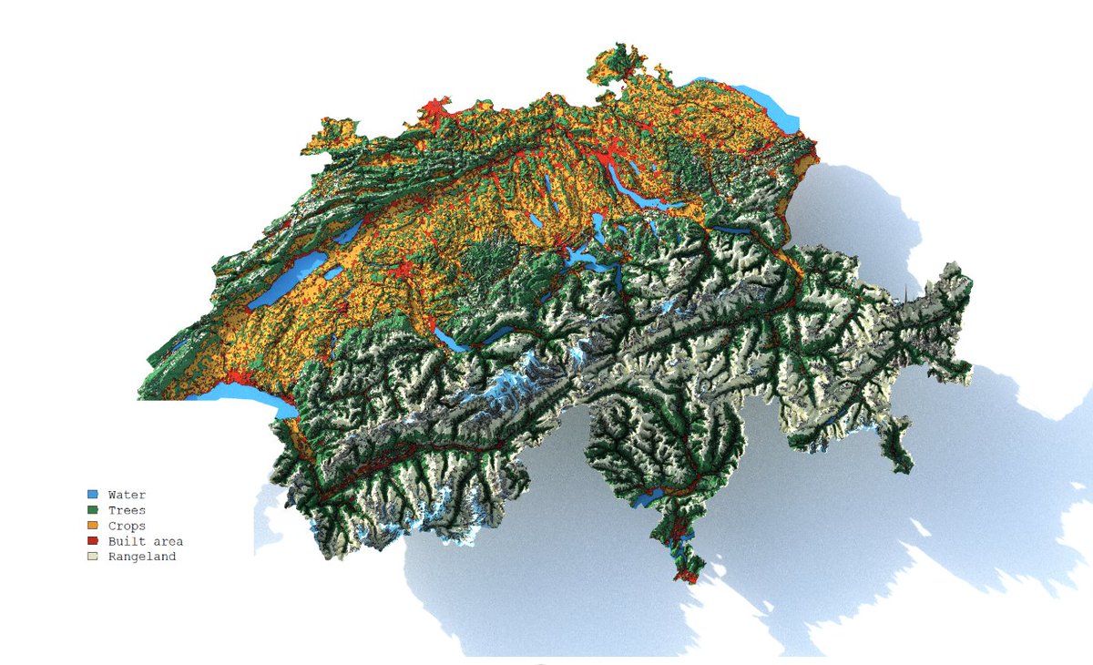 Ready to explore Switzerland like never before? 👀 
👇
Check out the incredible detail of 10m ESRI #Sentinel2 #LandCover 2023 🤯! 
#rayshader #rstats 🇨🇭 Huge thanks to @milos_agathon  for the inspiration and motivation!
#esri #europe #30DayChartChallenge #Switzerland #Dataviz