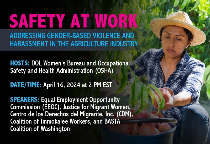 J4MW will join the DOL Women's Bureau & OSHA, tomorrow, 4/16 @ 2pm-3pm on Safety at Work: Addressing Gender Based Violence & Harassment in the Agricultural Industry. It's crucial we take action to address this pressing problem. Sign up here to participate:bit.ly/4bdqwhB