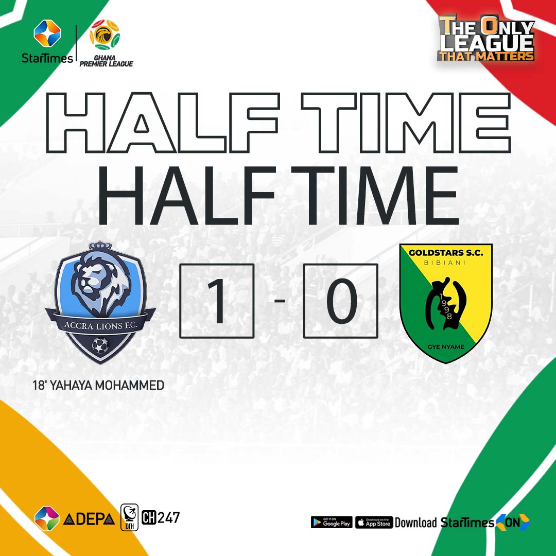 𝗛𝗔𝗟𝗙 𝗧𝗜𝗠𝗘! ⏸️ @AccraLionsFC 1-0 @GoldStarsSc Showing live on ST Adepa Ch. 247 & StarTimes ON App 📲bit.ly/464MxvT #GPL #StarTimes #Ghana #GPLonStarTimes #GPLwk26 #GyeNyame #yennyinaadea