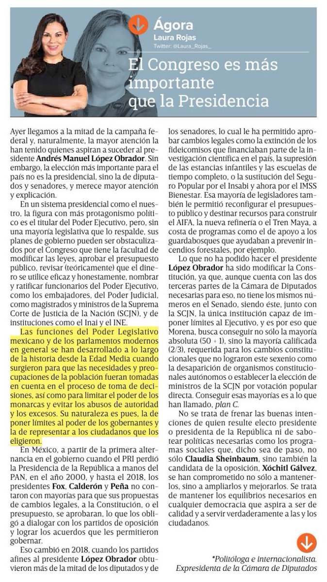 El límite más eficaz a un Presidente, es el Congreso. Más ahora, que la independencia de la @SCJN puede estar en riesgo. De ahí la importancia de la elección de diputados y senadores el próximo 2 de junio. Una democracia sana, necesita contrapesos. excelsior.com.mx/opinion/laura-…