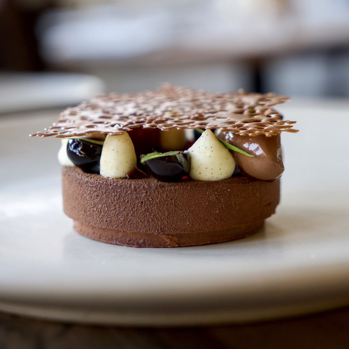 A delectable escape from the unpredictable British weather 🍫 Chocolate delice, mascarpone ganache, macerated cherries, apple marigold, chocolate sorbet, and cherry sorbet. #aarosette #chocolatedessert #chocolatedelice #blackforestgateau #maceratedcherries