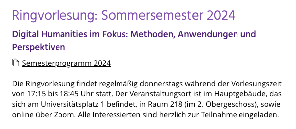 CLARIAH-AT (@atclariah) on Twitter photo Ringvorlesung der #RosDH <a href="/unirostock/">Universität Rostock</a> im Sommersemester 2024:
#DigitalHumanities im Fokus: Methoden, Anwendungen & Perspektiven
ℹ️ donnerstags von 17-19 Uhr
Die Teilnahme ist sowohl vor Ort als auch online möglich. Programm, sowie weitere Infos:
👉germanistik.uni-rostock.de/forschung/digi… Ringvorlesung der #RosDH <a href="/unirostock/">Universität Rostock</a> im Sommersemester 2024:
#DigitalHumanities im Fokus: Methoden, Anwendungen & Perspektiven
ℹ️ donnerstags von 17-19 Uhr
Die Teilnahme ist sowohl vor Ort als auch online möglich. Programm, sowie weitere Infos:
👉germanistik.uni-rostock.de/forschung/digi…