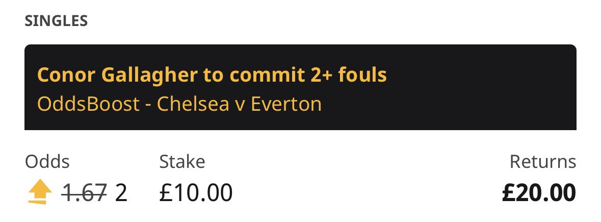 BadManBetting's tweet photo. ✅ Just backed this boost on Betfair. 

Gallagher 2+ fouls, from 1.67 to evens.

📌 Link here: https://t.co/CcNjTVv9TY

Get yourself £50 in free bets for the Champions League by joining Betfair and betting £10. 

Claim offer: https://t.co/XjUx0WBHYr

18+, Gamble Responsibly, Ad. https://t.co/meOTaVoDTk