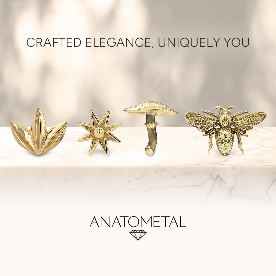 Make a statement with our 18K Solid Gold Ends! Fuse nature, beauty, and geometry into pure opulence. Customize and shine—because you were born to stand out! ✨ #Anatometal #18kGold #Bodyjewelry #Safepiercing #GoldGlam #PiercingPerfection