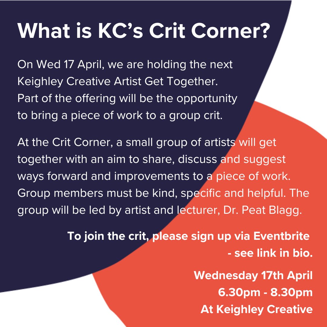 What us Keighley Creative’s “Crit Corner”? A small group of artists will get together with an aim to share, discuss and suggest ways forward and improvements to a piece of work. The event will be held on Wed 17th April, 6.30pm till 8.30pm Sign up here eventbrite.co.uk/e/crit-corner-…