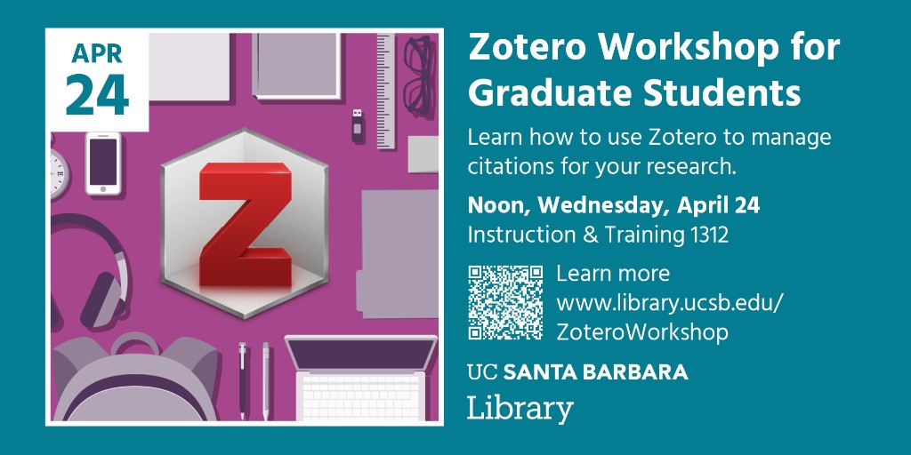 Grad students: Join us for a Zotero basics workshop on April 24, 12pm. Light refreshments will be provided. Please register in advance: ucsb.libwizard.com/f/zotero #UCSBLibrary #UCSB #UCSBSantaBarbara