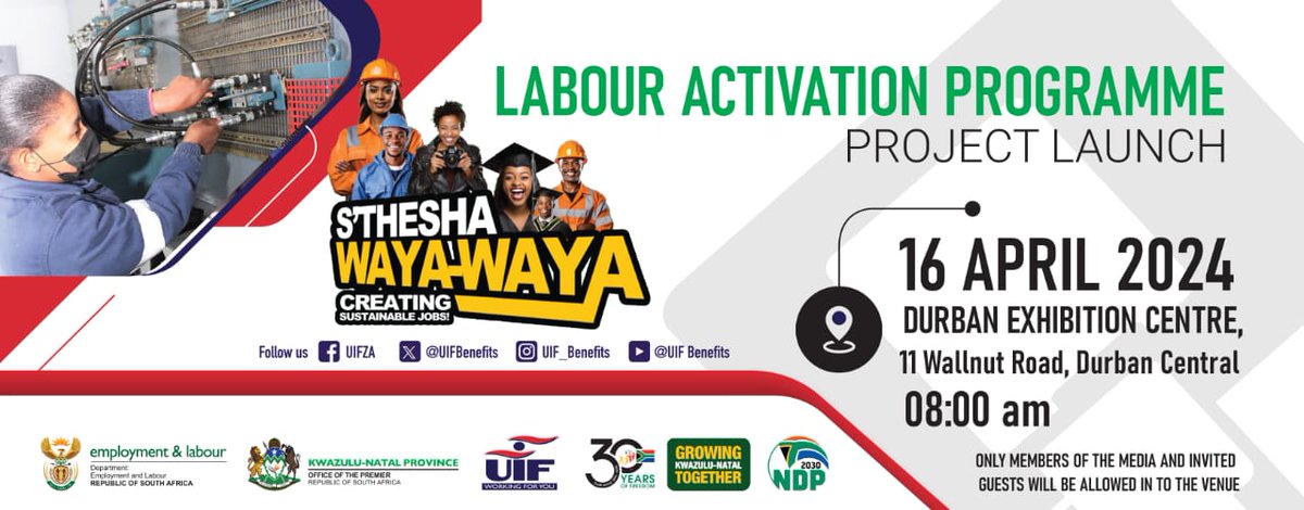 [MEDIA ALERT] Minister TW Nxesi of @deptoflabour together with the @UIFBenefits will be launching the #UIF's Labour Activation Program #LAP tomorrow (16/04). #MinisterThulasNxesi #DEL #UIF #LAP #TakingServicesToThePeople