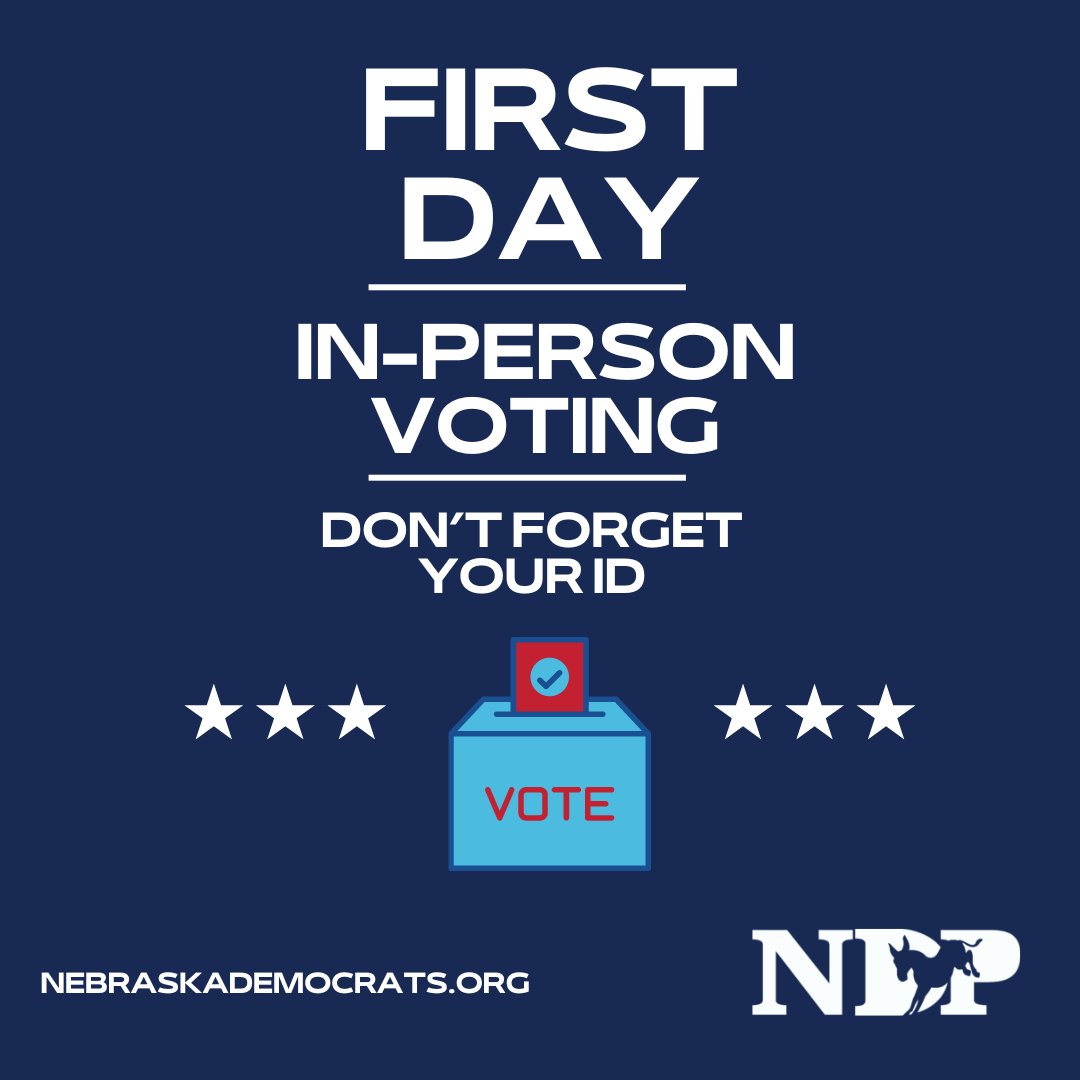 Today is the first day you can VOTE IN-PERSON at your local election commission office! Don't forget your ID! #NebDems To find your local office sos.nebraska.gov/elections/elec… To see acceptable ID options sos.nebraska.gov/elections/vote… To see our current candidates nebraskademocrats.org/2024candidates/
