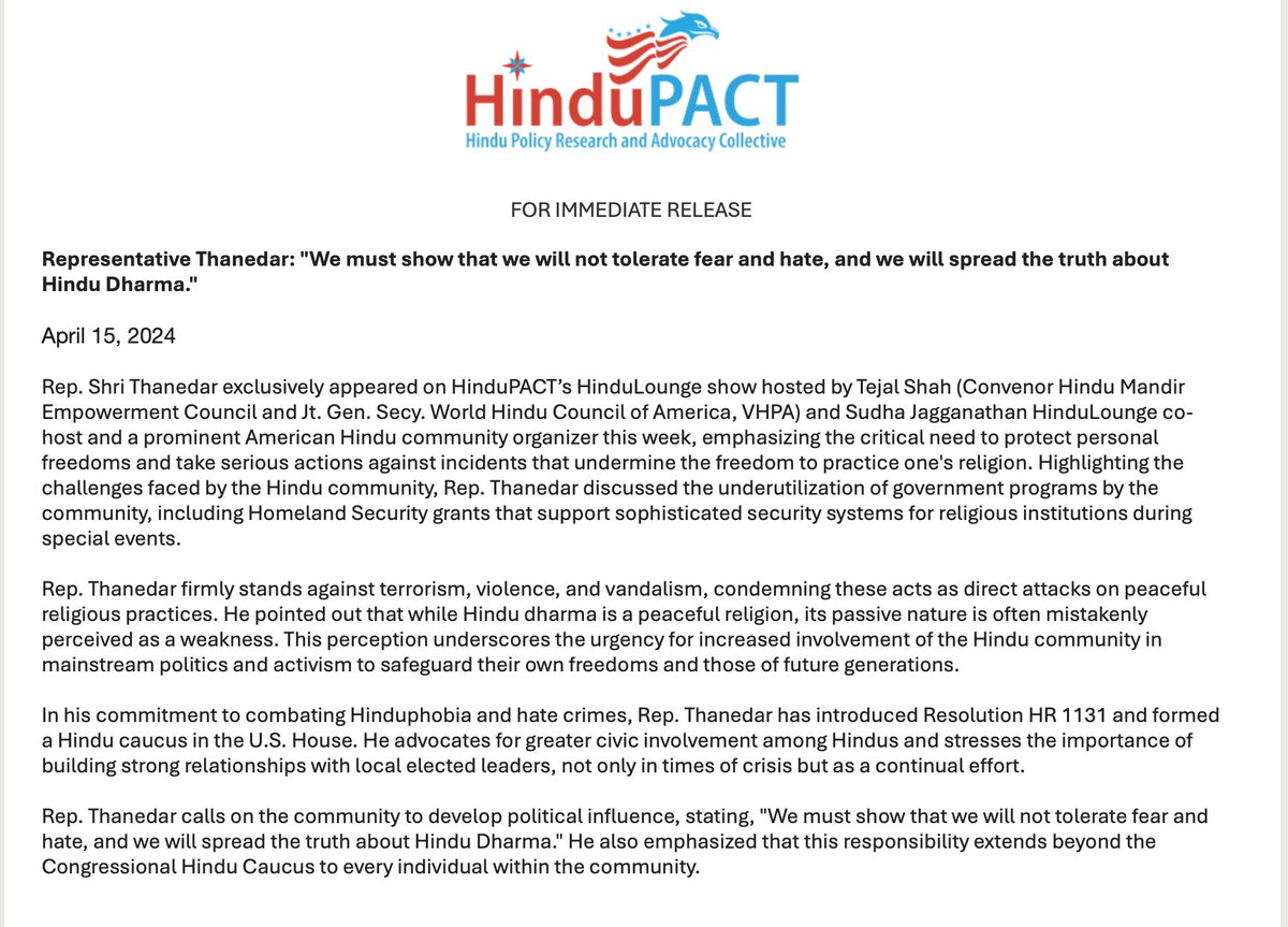 #BREAKING: @ShriThanedar Exclusive Interview to @HinduPACT: 'We must show that we will not tolerate fear and hate, and we will spread the truth about Hindu Dharma.'