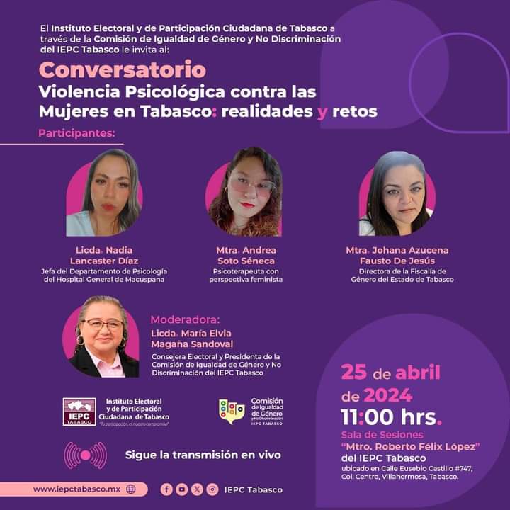 Rescatamos la esencia de la campaña de la ONU “25 DÍA NARANJA ÚNETE” para visibilizar, combatir y erradicar las violencias contra niñas y mujeres. 

El 25 de abril están todas y todos invitados conversatorio VIOLENCIA PSICOLÓGICA CONTRA LAS MUJERES EN TABASCO: REALIDADES Y RETOS.