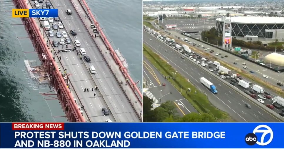 Along with the Golden Gate Bridge, seven protestors locked to six concrete-filled barrels are blocking northbound 880 in Oakland creating major delays in the East Bay. @AmandaABC7 says 580 is already jamming up as folks find alternate routes.