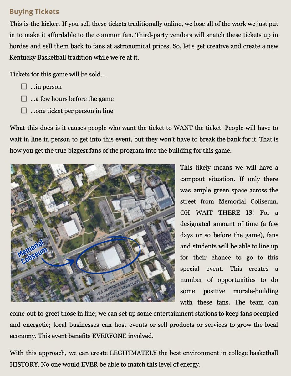 Dear Coach Mark Pope (<a href="/CoachMarkPope/">Mark Pope</a>),

May I humbly introduce to you the Annual Memorial Game. Play one game each season in newly renovated Memorial Coliseum with special ticketing opportunities (see below).

Please see the thread for link to full article explaining my proposal.