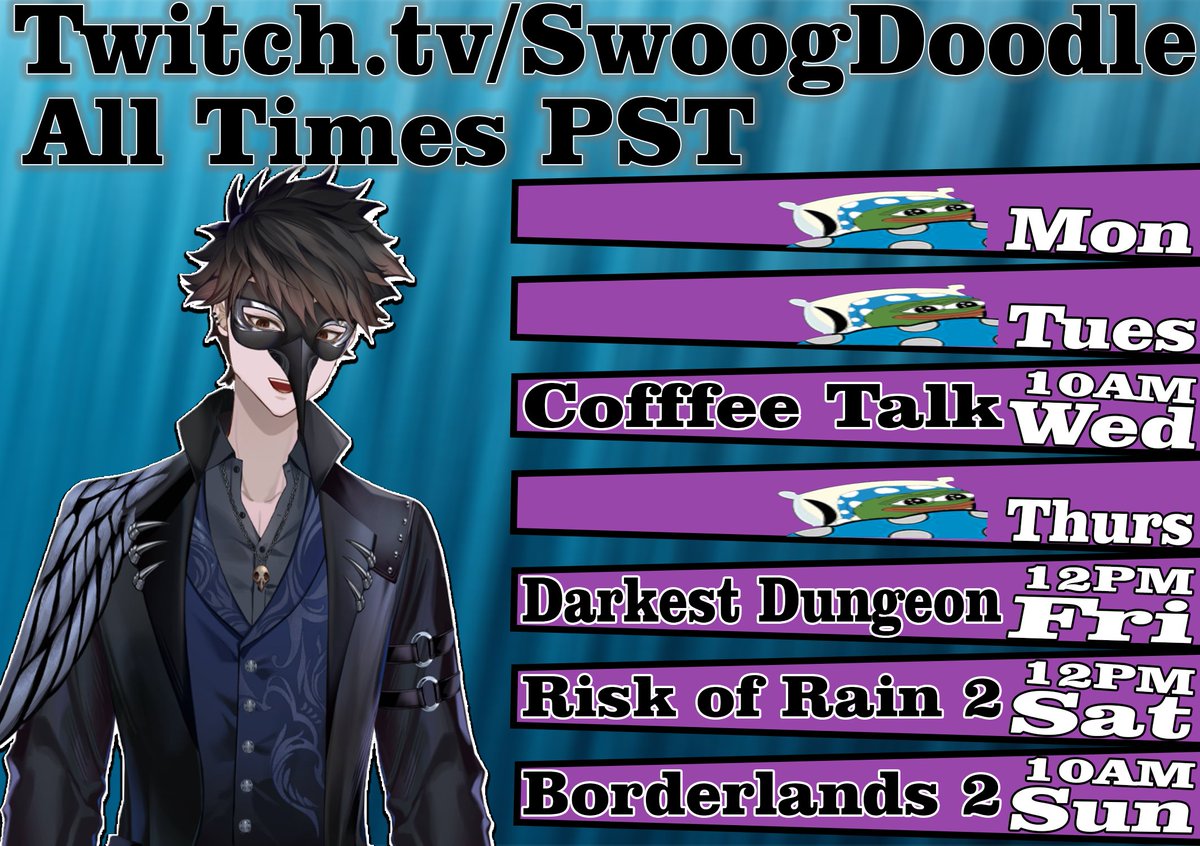 SwoogD's tweet photo. STREAM SCHEDULE
(I know I spelled Coffee wrong, I will not fix it)

Come say hi to me or I will be sad and it will be your fault.

Twitch Link down below ⬇️⬇️⬇️
#Vtuber #VtuberEN #VTuberUprising https://t.co/aITfO9miBF