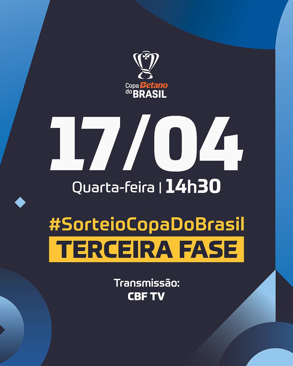 No dia 17 de abril, às 14h30, a sorte será lançada para os 32 classificados para a Terceira Fase da #CopaBetanoDoBrasil! 🗓️
