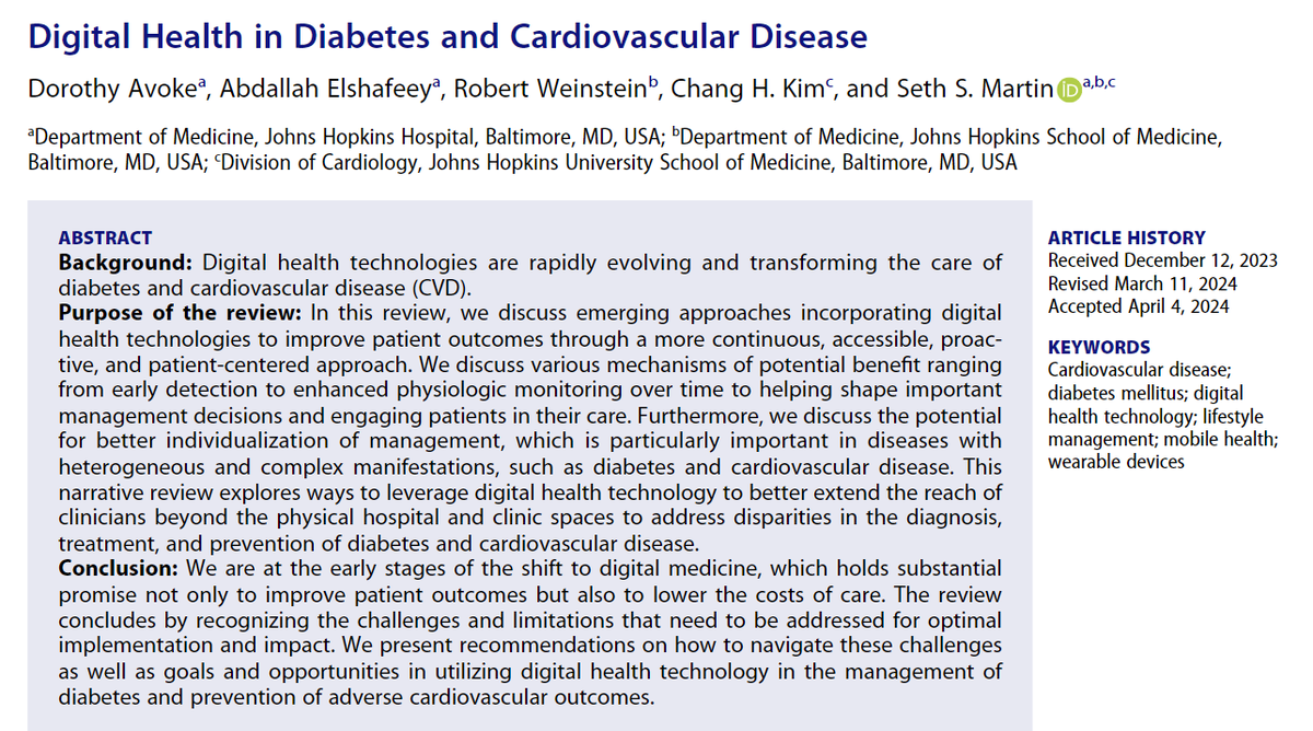 🔥Hot Off The Press Digital Health in Diabetes & Cardiovascular Disease tandfonline.com/doi/full/10.10… Thanks and congrats to @dorothyavoke of the @OslerResidency for leading this article Great teamwork w/ Dr. Elshafeey, @RWeinstein12, and @mTECH_hopkins fellow @changkim211