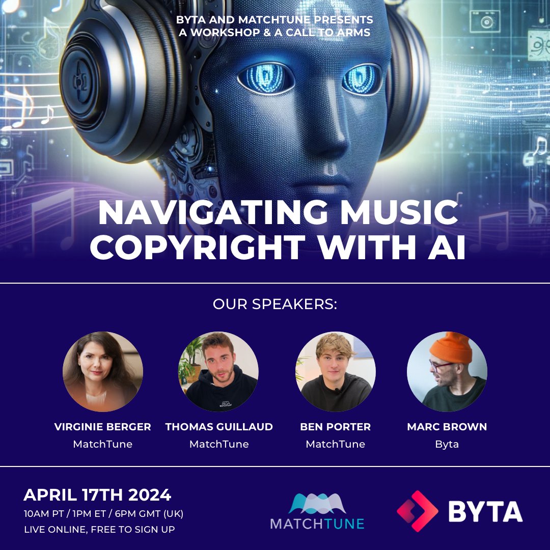 This Wednesday! Byta &amp; <a href="/matchtuneinc/">MatchTune</a> present:
• Navigating Music Copyright with AI • 💻🎵🤖

A workshop featuring Virginie Berger, Thomas Guillaud, Ben Porter, Moderated by Marc Brown.

The future of the music ecosystem has come to a crossroads. Join us: byta.com/blog/events/na…