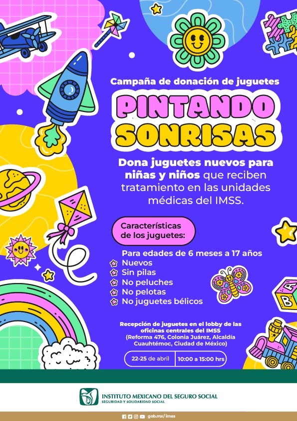 Tu_IMSS's tweet photo. 🧸 Campaña de donación de juguetes #PintandoSonrisas.
🪁 Dona juguetes nuevos para niñas y niños que reciben tratamiento en las unidades médicas del #IMSS.
🗓️ Del 22 al 25 de abril, de 10:00 a 15:00 horas en el edificio central del IMSS, en Av. Paseo de la Reforma 476, CDMX. https://t.co/5pkhwgfqPc