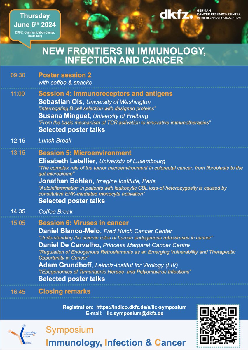 Please check out this exciting symposium <a href="/dkfz/">DKFZ</a> <a href="/DKFZImmunology/">DKFZ Immunology Infection and Cancer</a> coming up June 5 and 6! Fantastic international speakers on #immunology, #virology and #cancer!

Ask you students if they are interested– deadline for poster abstracts is April 30!