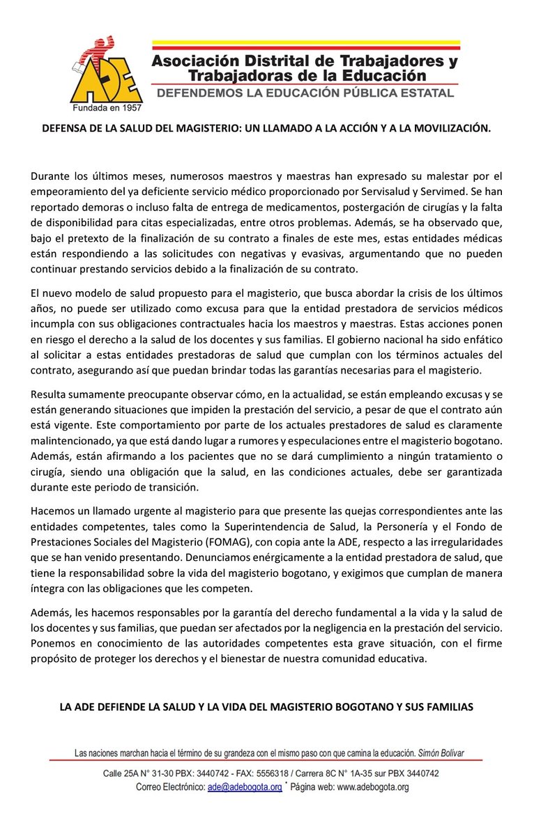 andresballenro's tweet photo. El magisterio reclama al prestador  cumplimiento del contrato hasta el último día. El dinero les llegará completo y a tiempo, así mismo están en la obligación de garantizar los medicamentos, tratamientos y procedimientos. Ya están pagos, no tienen excusa. 
@adebogota @fecode https://t.co/KjsN5BNzjI