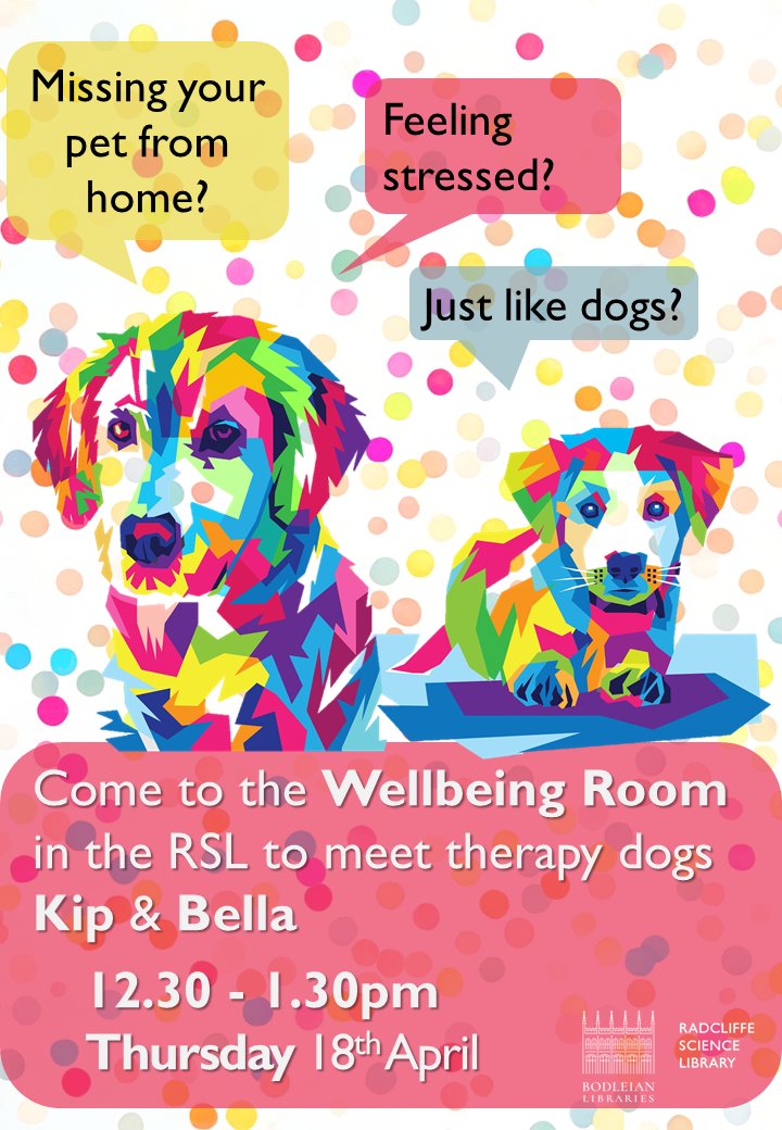 Missing your dog from home? Feeling stressed? Why not pet one of the @PetsAsTherapyUK dogs visiting the RSL. Pop into our 📍Wellbeing Room 🗓️Thursday 18th April 🕐12.30-13.30 No booking necessary but you may have to wait so as not to overwhelm the dogs. #Dogs #Wellbeing