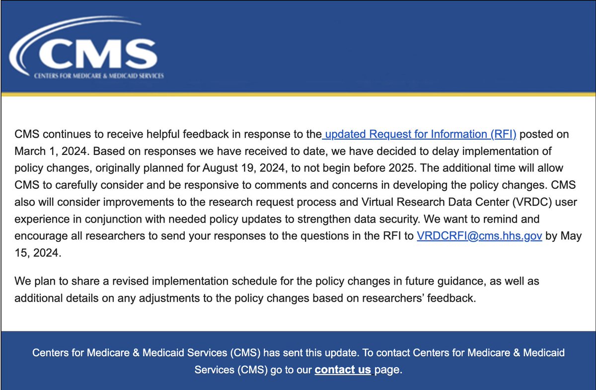 👏@CMSGov for delaying changes to researchers' access to Medicare data. CMS is clearly being sensitive to concerns from the research community. Now it's critical for researchers to work with CMS to find ways to guarantee data security and great scholarship going forward.